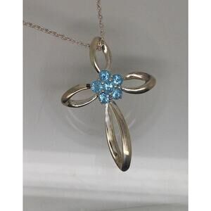 Vintage Sterling Silver Blue Topaz Flower Slide Cross Pendant Necklace Chain
